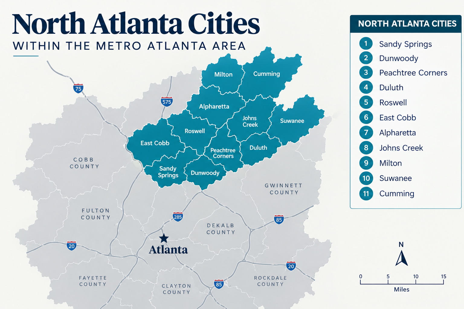 Map showing the North Atlanta suburbs outside the I-285 Perimeter
