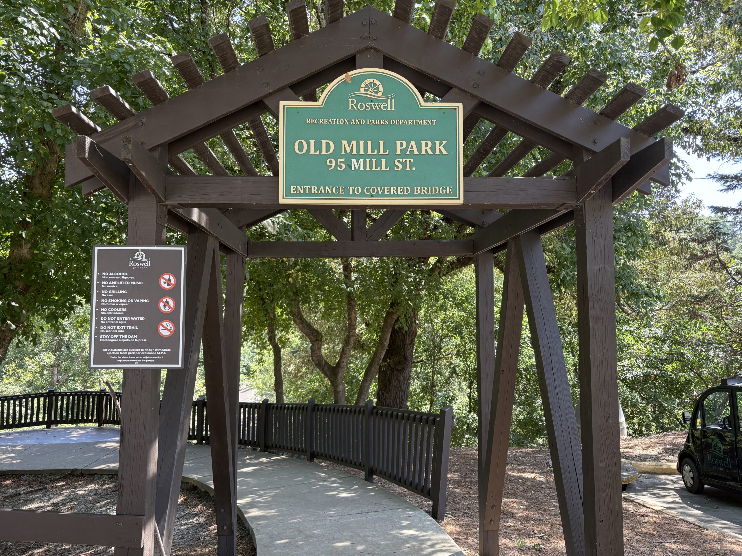Best parks in North Atlanta, Old Mill Park entrance to the covered bridge in Roswell
